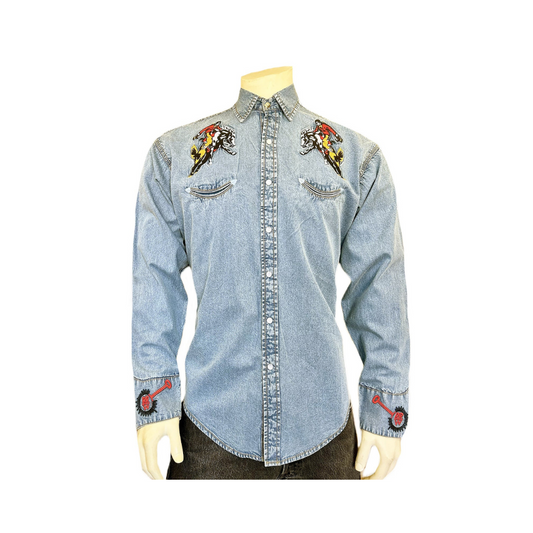 Men’s Rockmount Vintage Denim Bronc Embroidered Western Shirt